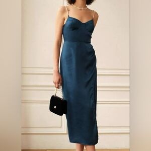 Pearl Strap Side Slit Blue Satin Midi Dress
